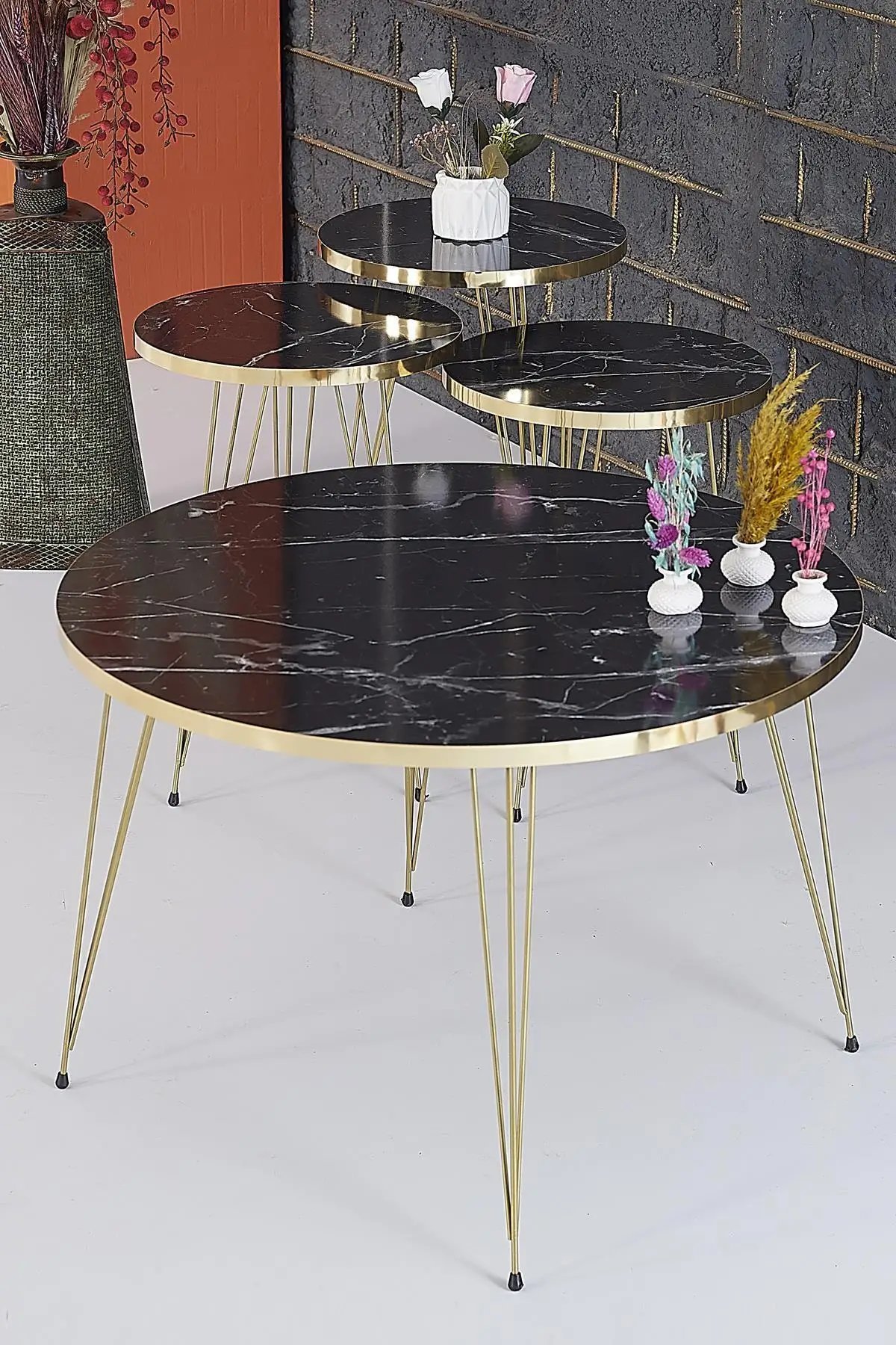 3 pcs Zigon Medium Coffee Table Set Round-black Marble as MDF Gold Metal Toe