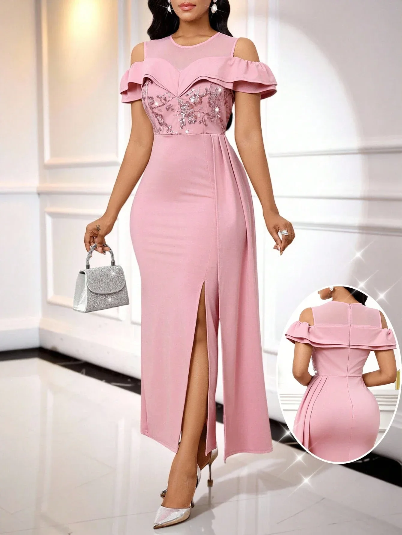 Pink Off-Shoulder Maxi Dress With Sequin Floral Top, High Side Slit, For Evening Party Or Wedding Guest
