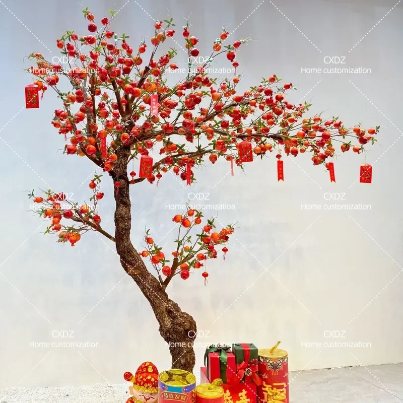 Simulation Pomegranate Apple Persimmon Lemon Fruit Tree Artificial Indoor Decor Props for Stage Live Broadcast Housewarming