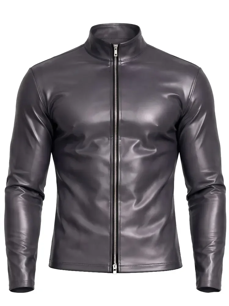 Men Double Side PU T-shirts High Neck Top Faux Leather Latex Long Sleeve Front Zipper Open Stage Wear Man Slim Tights Jacket