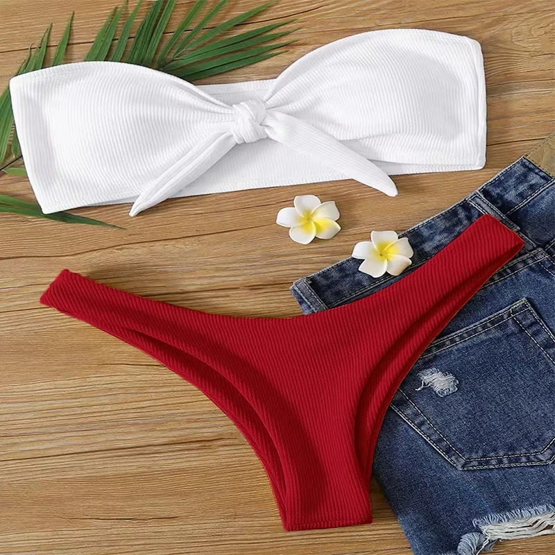Sexy Strapless Bow Bikini 2 Piece Set Women Split Swimsuit High Waist Beach Vacation Bikini 2025 New Summer Swimwea Bikini Set