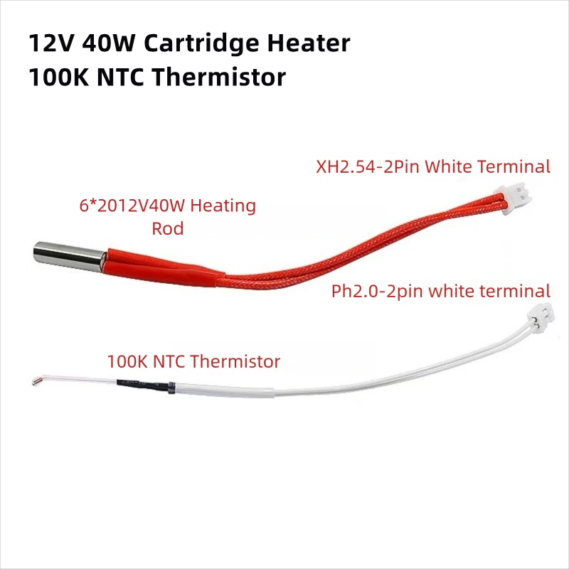 

4 шт., 12 В, 40 Вт, картриджный нагреватель 6*20 мм с XH2.54-2pin, 100K NTC-термистор с PH2.0-2pin, 150 мм, нагревательный стержень, 3D-принтер Hotend