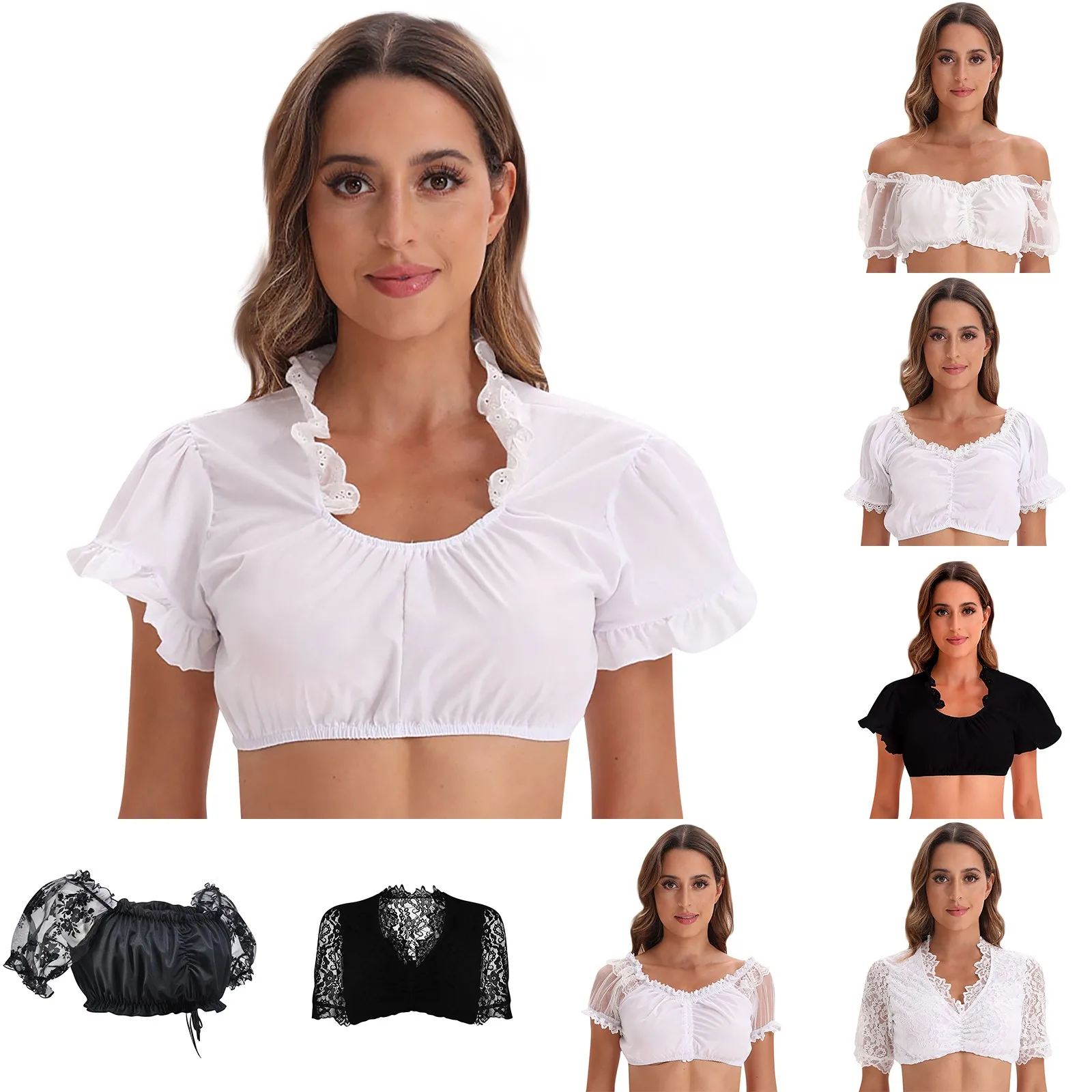 

Женская элегантная классическая блузка на Хэллоуин с обычным низом, кружевная панель, маленькая рубашка, топы, однотонная яркая женская блузка