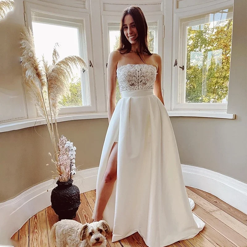 

Vintage Strapless Lace Satin A Line Wedding Dresses High WaistBride Gowns Beach Front Split Formal Party Evening Gowns