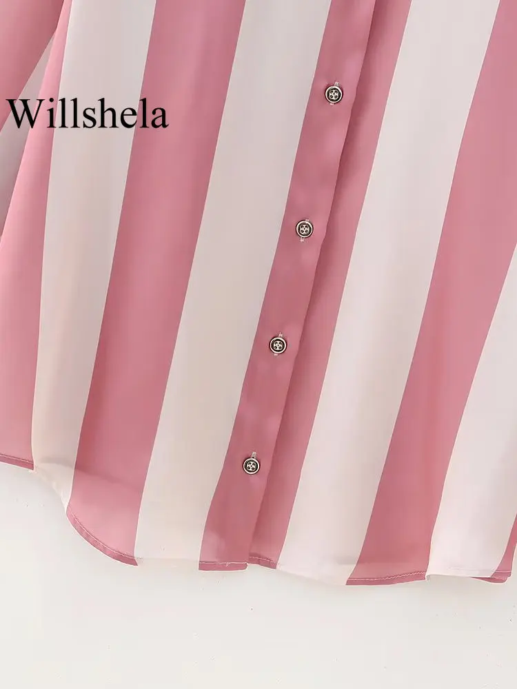 Willshela Women Fashion Satin Striped Single Breasted Loose Blouse Vintage Lapel Neck Long Sleeves Female Chic Lady Shirts