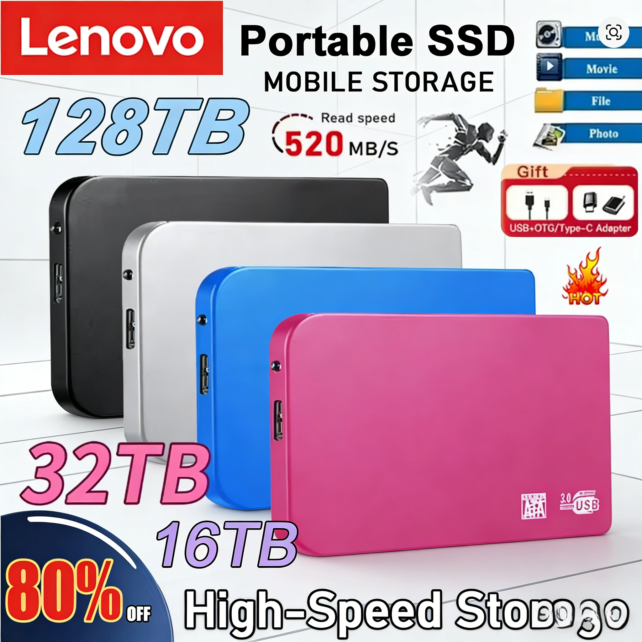 

Внешний корпус для SSD-накопителя Lenovo High-speed 128TB USB 3.0, мобильный чехол для жесткого диска, внешний накопитель HDD с кабелем USB 3.0, ABS-пластик