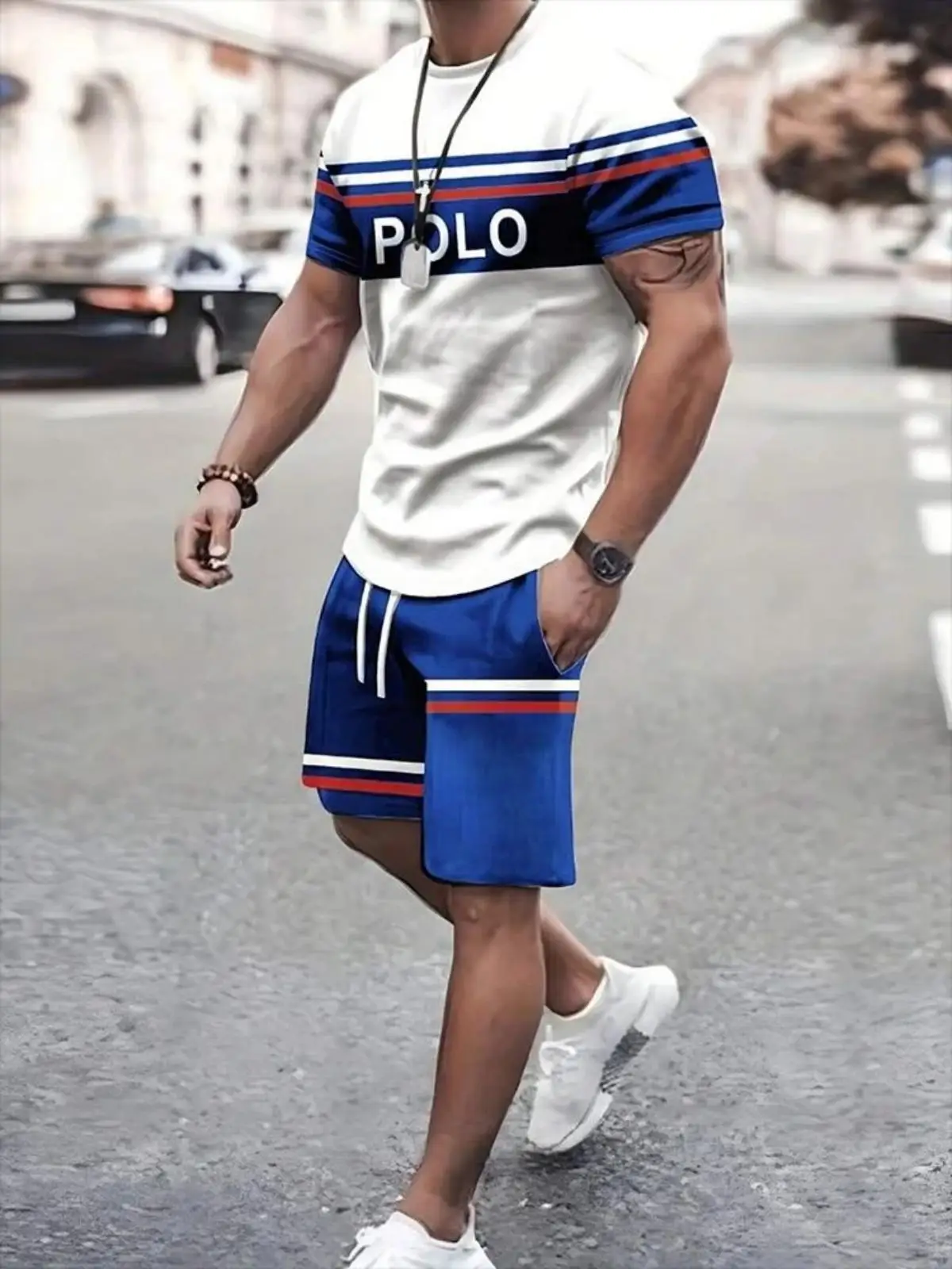 

Men's summer striped letter printed soft and breathable round neck T-shirt shorts set, outdoor urban casual two-piece set