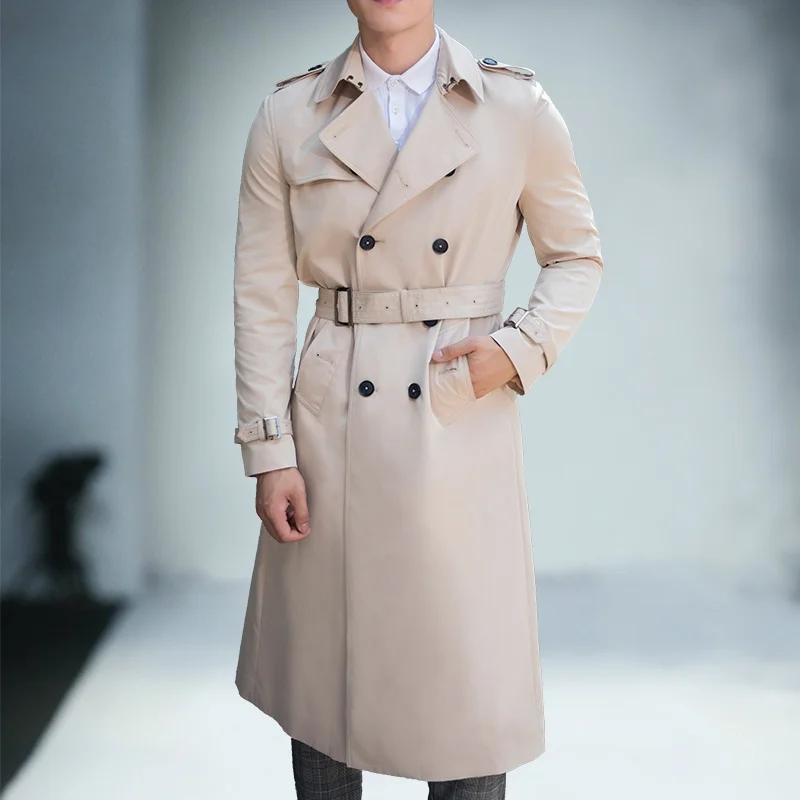 

Khaki Long Men's Coat Spring Autumn New Sle Faion Urban Busin Casual Double Breasted Polyester Fiber Youth Fit Size