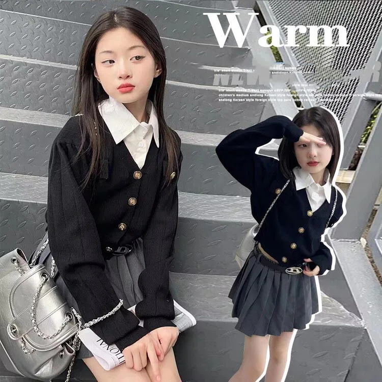 Korean Spring Autumn Junior Girl 2PCS Clothes Set School Girl Shirt+Knitted Cardigan+Pleated Skirt Sets Girl From 4-12 Years Old