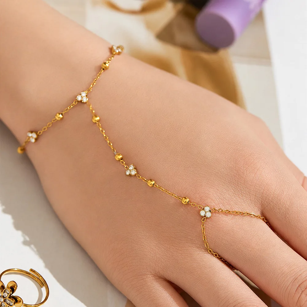 Zirkon-Perlen Handketten-Armband 316L Edelstahl-Armband 18K Vergoldet Verstellbares Armband Täglicher Schmuck für Frauen – Detail 6