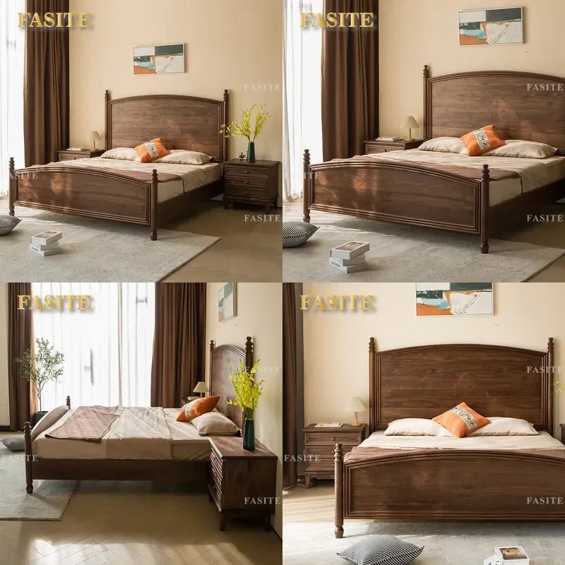 American Retro Black Walnut Double Bed 1.8m 1.5m Modern Simple Solid Wood Bed with Large Backrest for Villa Master Bedroom