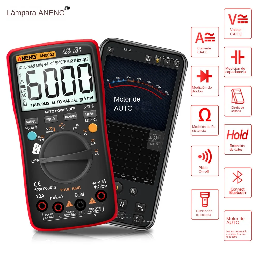 ANENG-multímetro Digital AN9002 con Bluetooth, probador de voltaje de corriente CA/CC, rango automático, 6000 recuentos, RMS profesional
