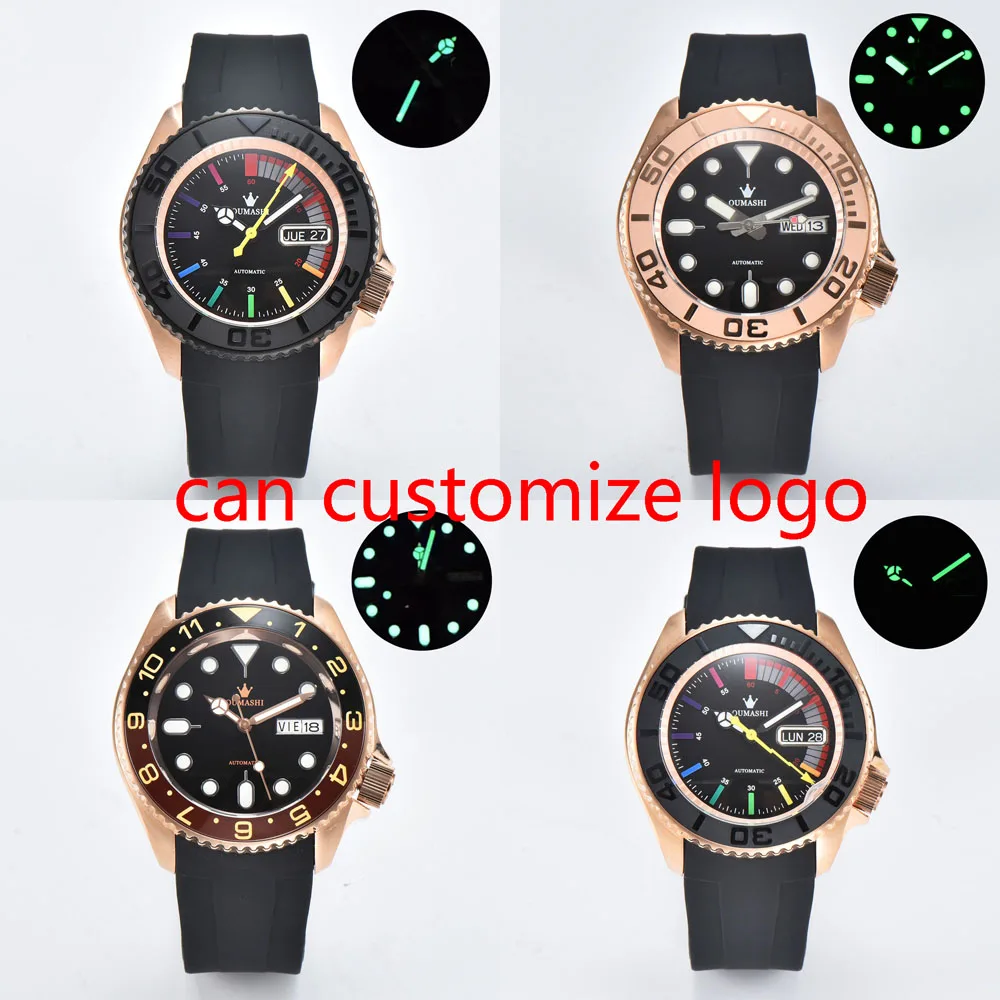 Мужские спортивные часы 007 40,5 мм с корпусом из розового золота, резиновым ремешком, японский автоматический механизм NH35/NH36/NH70, можно настроить логотип
