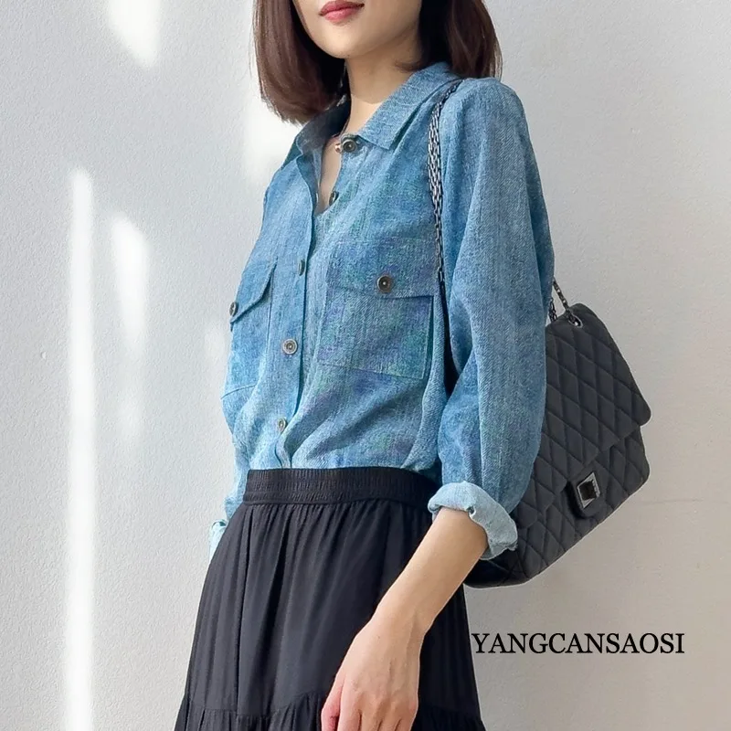 Denim Texture 100% Natural Mulberry Silk Crepe De Chine Boyfriend Style Casual Loose Women's Fashionable Long Sleeved Shirt