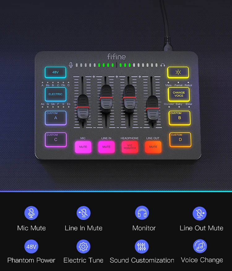 FIFINE USB Gaming Mixer With XLR Microphone Interface,48V Phantom Power,RGB, Sound Card for Podcasting Streaming AmpliGame SC3