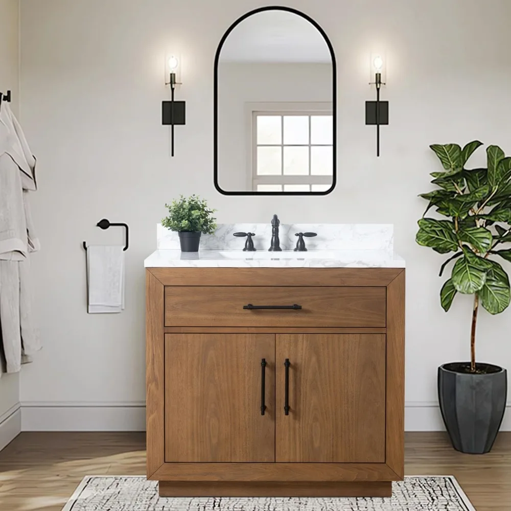 

Modern Bathroom Cabinet with Carrara Marble Top, Single Sink, Soft Closing Doors, Removable Shelf, 36 Inch Tan Wood Cabinet