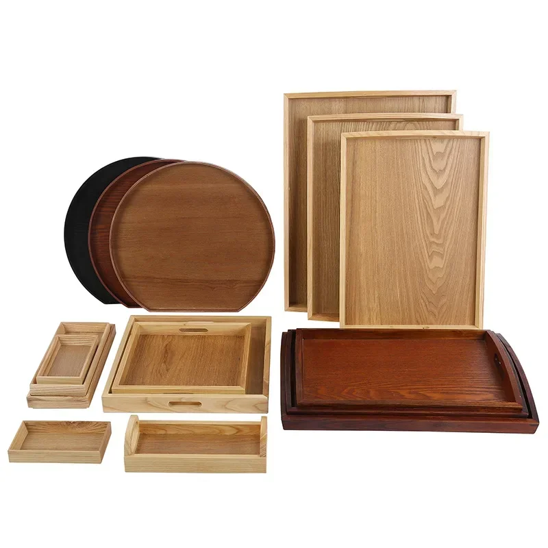 HeMu Natural Walnut Wooden Rectangular Tray Round Beech Handle Tray Kitchen Bread Fruit Shelving Restaurant Hotel Serving Tray