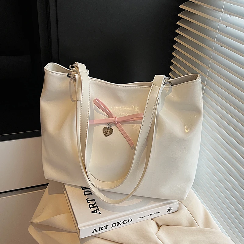 

Bow Large Capacity Tote Bag Women Summer New Korean Rectangle PU Leather One Shoulder Bags Fashion Commute High End Handbag