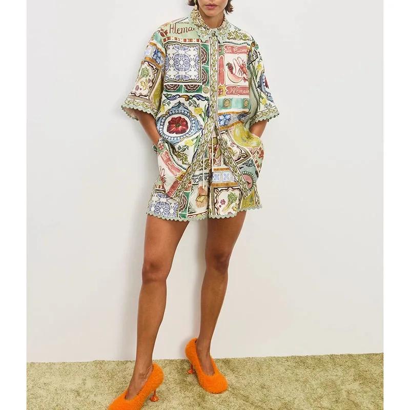 

Summer shirt women's short sleeved high-quality linen beach print elegant shirt top+shorts