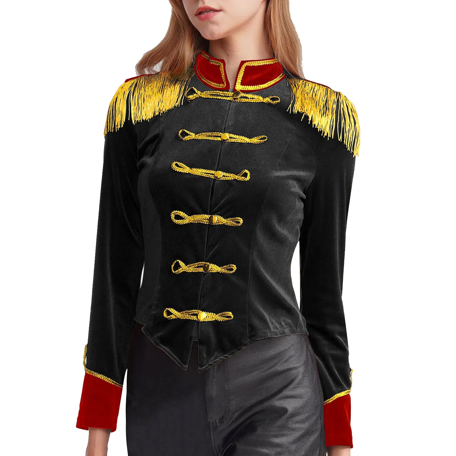 

Womens Circus Ringmaster Costume Halloween Cosplay Long Sleeve Fringed Shoulder Board Velvet Jacket Coat Festival Tops