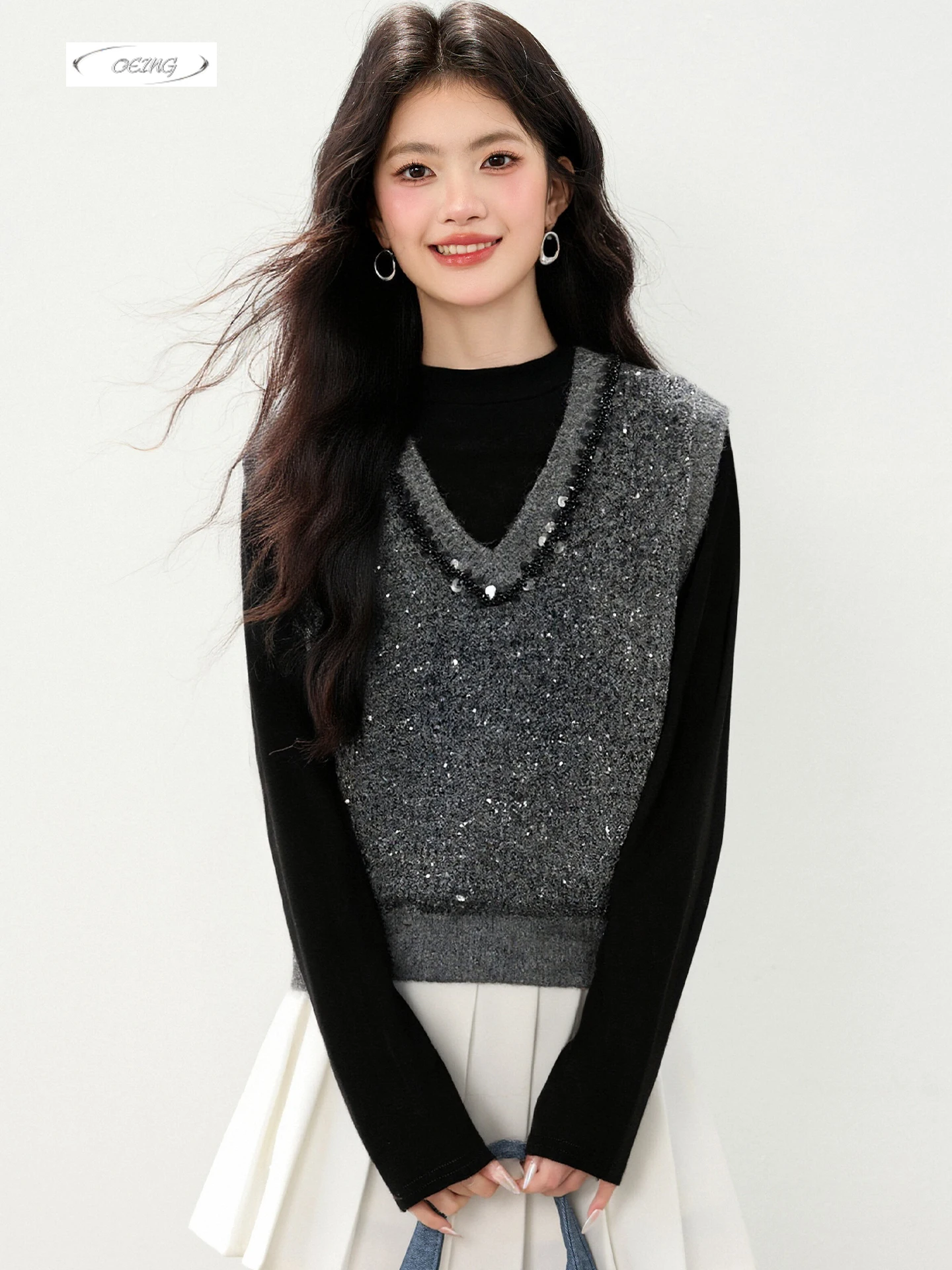 

Женский серый вязаный свитер с блестками и v-образным вырезом, жилет, осень-зима, свободные топы без рукавов в корейском стиле, 9786