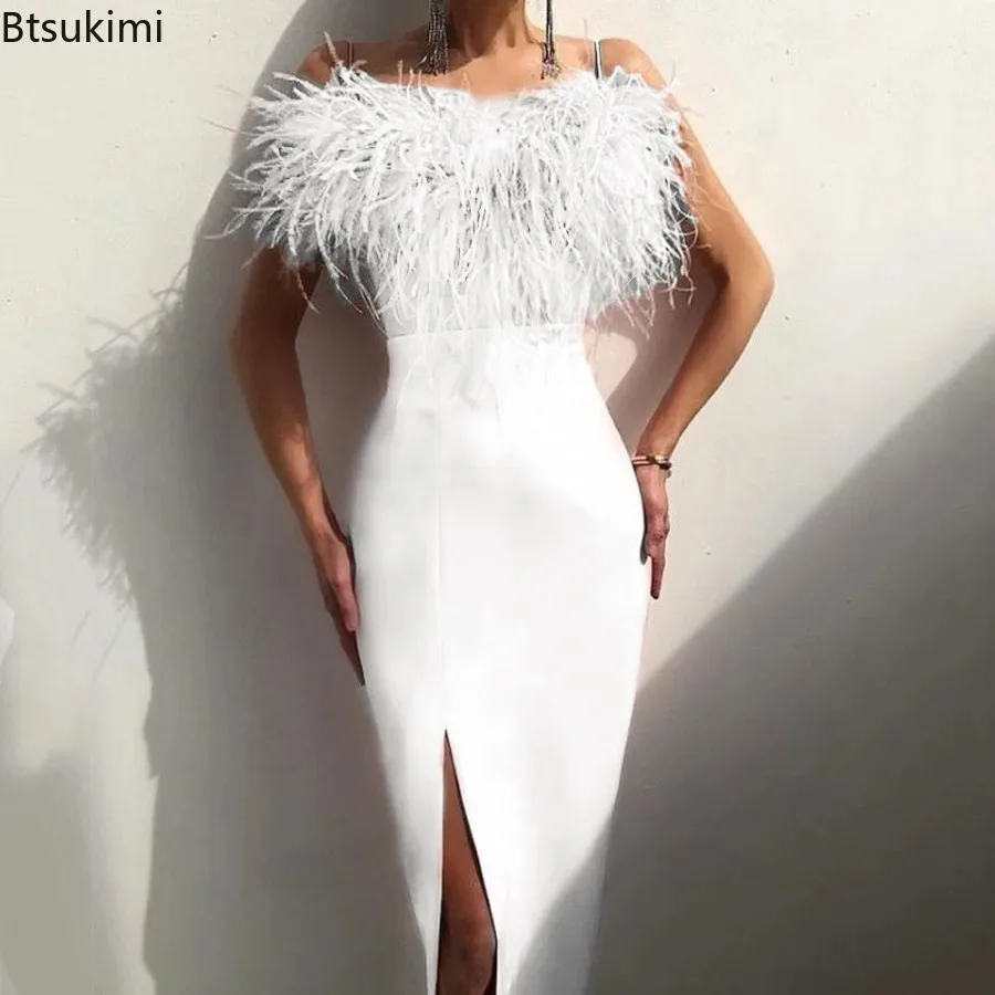 2026 Women's Fashion Sexy Straps Feather Dress Women Solid Split Hem Long Dress Vestidos Spring Summer Femme Party Bodycon Dress
