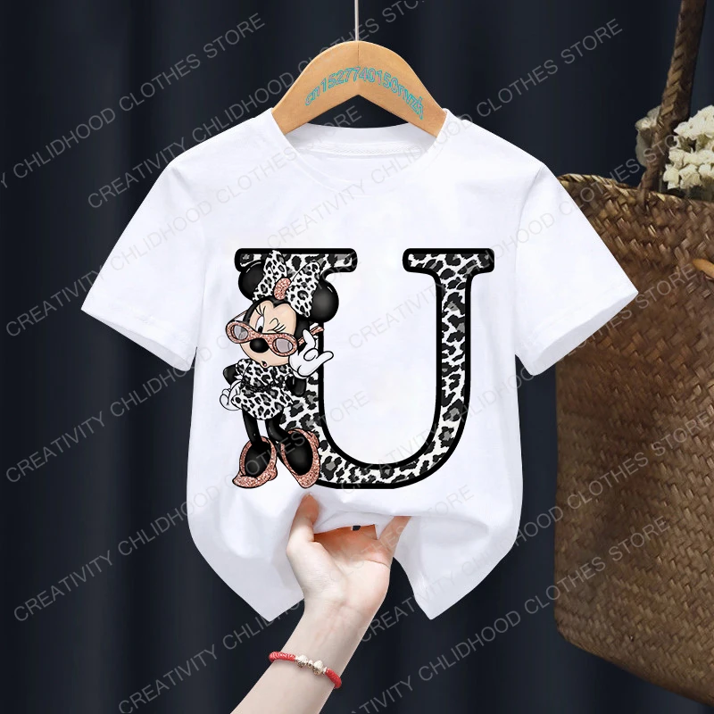 Camiseta de Minnie con letras A, B, C y D para niños, camiseta Kawaii de Disney, ropa informal de dibujos animados de Anime, camiseta de manga corta