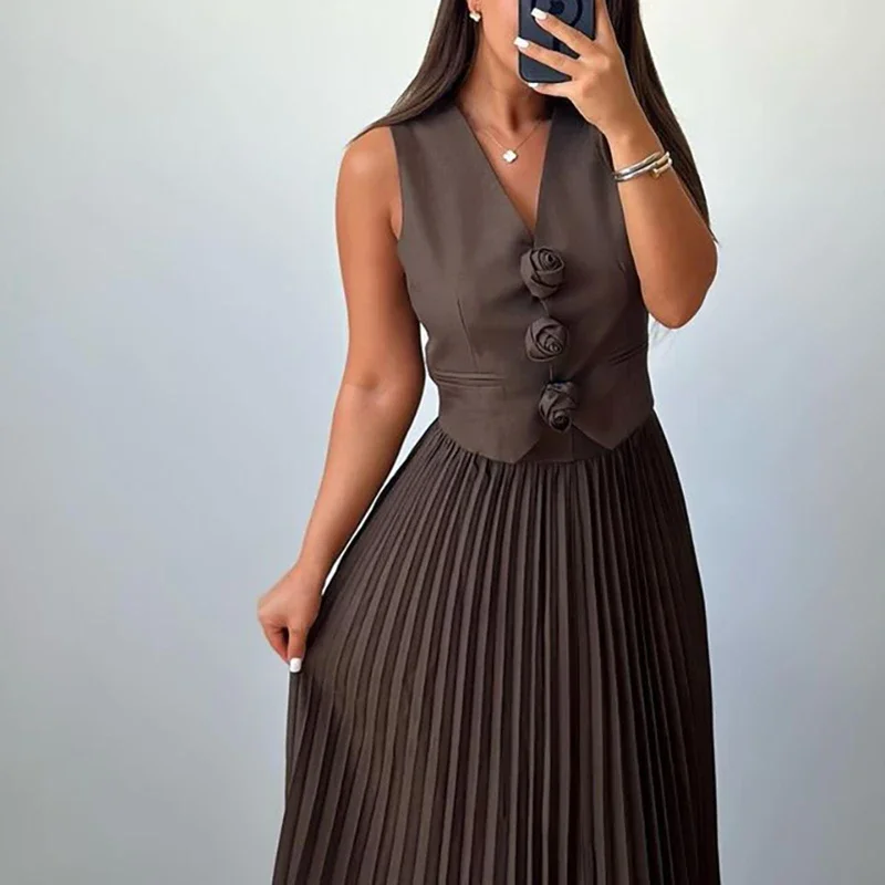 Conjunto Mujer Blusa V-Cuello Rosa y Falda Larga - alternate angle
