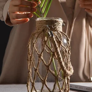 Rústico Pendurado Vaso De Vidro, Rope Net, Flor Seca, Arte Cânhamo, Casa, Transparente, Decoração Da Sala De Estar, Decoração De Mesa 10 principais vendas absorvente cânhamo - №5