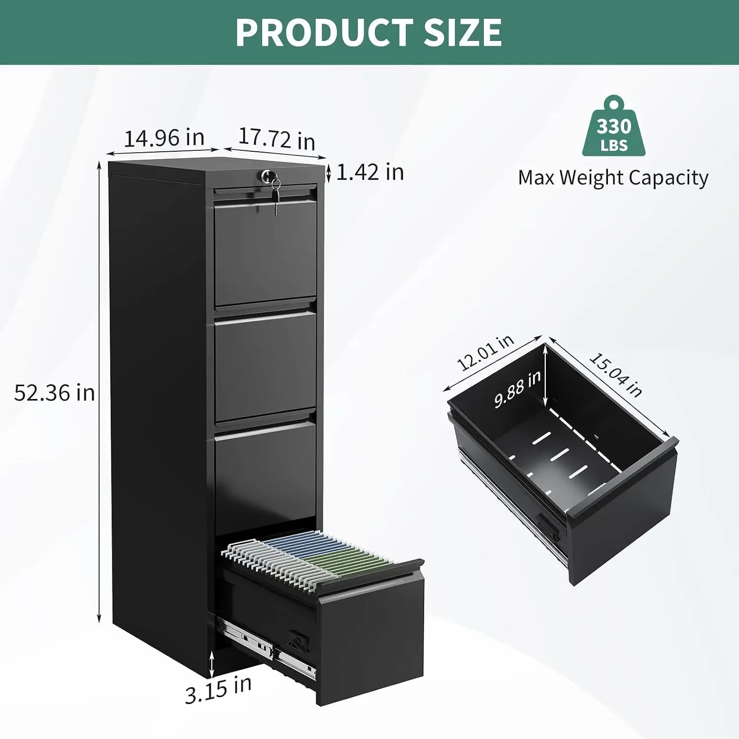 4 Drawer File Cabinet with Lock, Metal Filing Cabinets, Vertical Small Filing Cabinet Steel Lockable Storage Cabinets for Home O