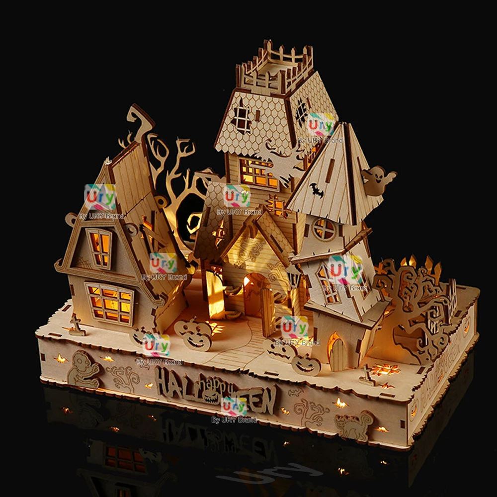 URY-rompecabezas de madera 3D para niños, casa encantada de Halloween, luz de árbol fantasma, modelo DIY, Kits de manualidades, juguetes de decoración de escritorio, regalo para niños, nuevo