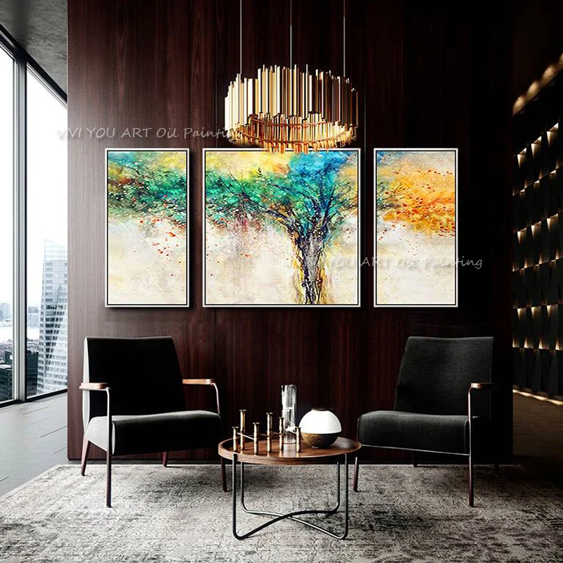 100% Handmade 3 Panels Light Luxury Sofa Background Wall Art Home Decor Colorful Tree Oil Painting Living Room Decoration