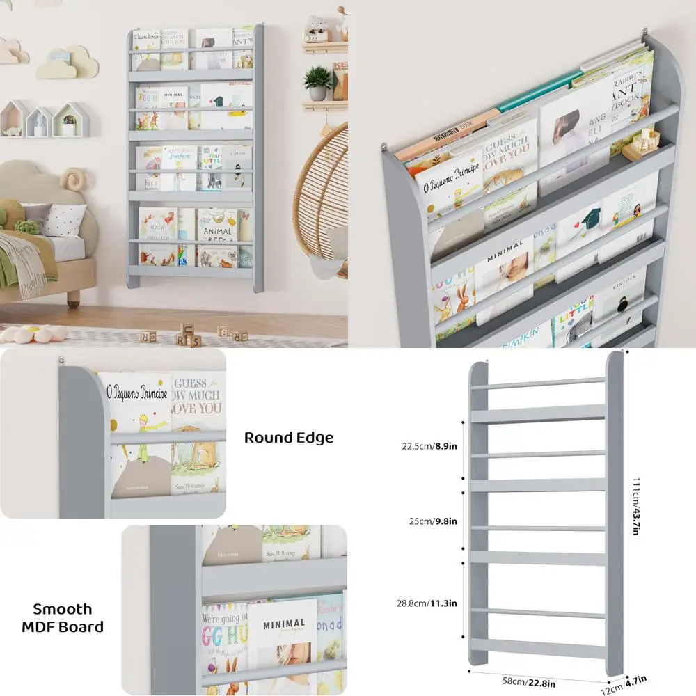 

2-Piece Kids Wall-Mounted 4-Tier Bookshelf Set for Toys & Books, Grey