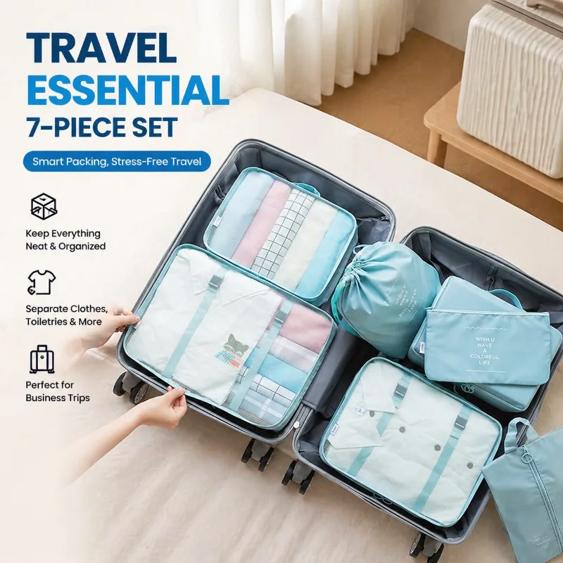 Travel Essential Storage 7-Piece Set, Luggage Organizer for Clothes, Toiletries & Underwear, Packing Cubes for Business Trip