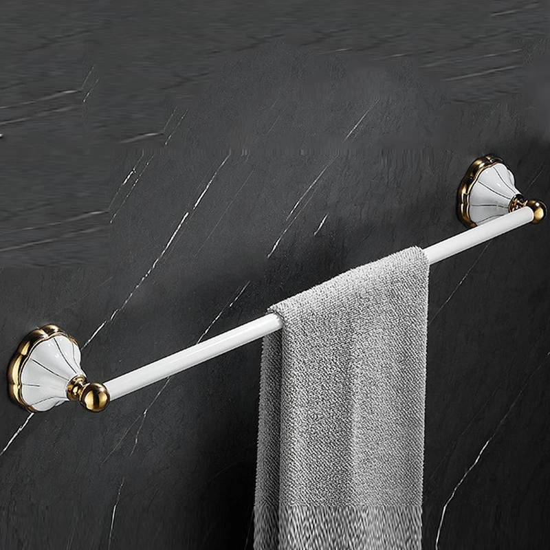 Luxury White Gold Bathroom Accessories Ceramic Base Stainless Steel Towel Bar Towel Ring Robe Hook Wall Mount Bathroom Hardware