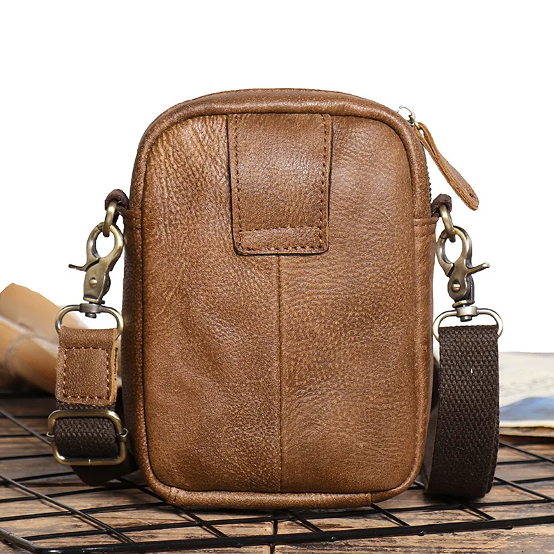 New Retro Men\'s Genuine Leather Shoulder Bag, Rough Frosted Leather Crossbody Shell Bag, Multifunctional Small Waist Phone Bag