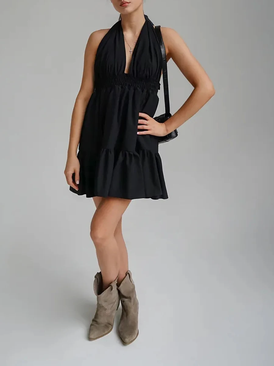

2025 New Dress Formal Prom Gowns Party Dress Robe Women Black Solid Sleeveless Elegant Deep V-Neck Backless Flowy