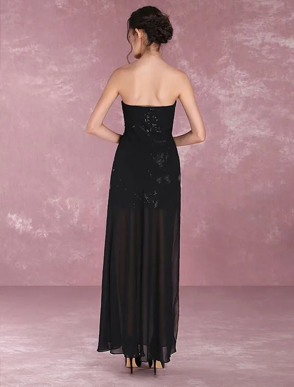 2022 Strapless Black Chiffon Dresses For Bridesmaid Beach Woman Ceremony Wedding sage Dress Wedding With Sequins Maid Of Honor