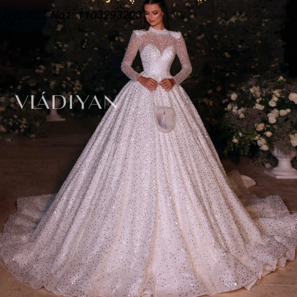 

EVLAST Customized Glitter Wedding Dress A Line Long Sleeve Shiny Applique Beaded Crystal Tulle Bridal Gown Robe De Mariee TBD73
