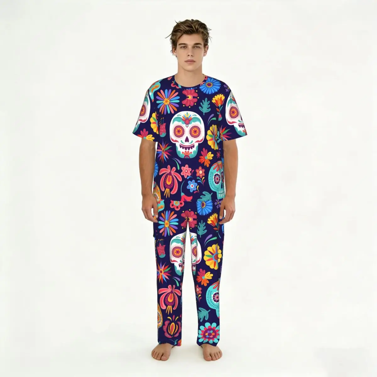 Sleepwear Summer Spring Home Clothes Mexican Sugar Skulls Day Of The Dead Short Sleeve Long Pant Nightwear