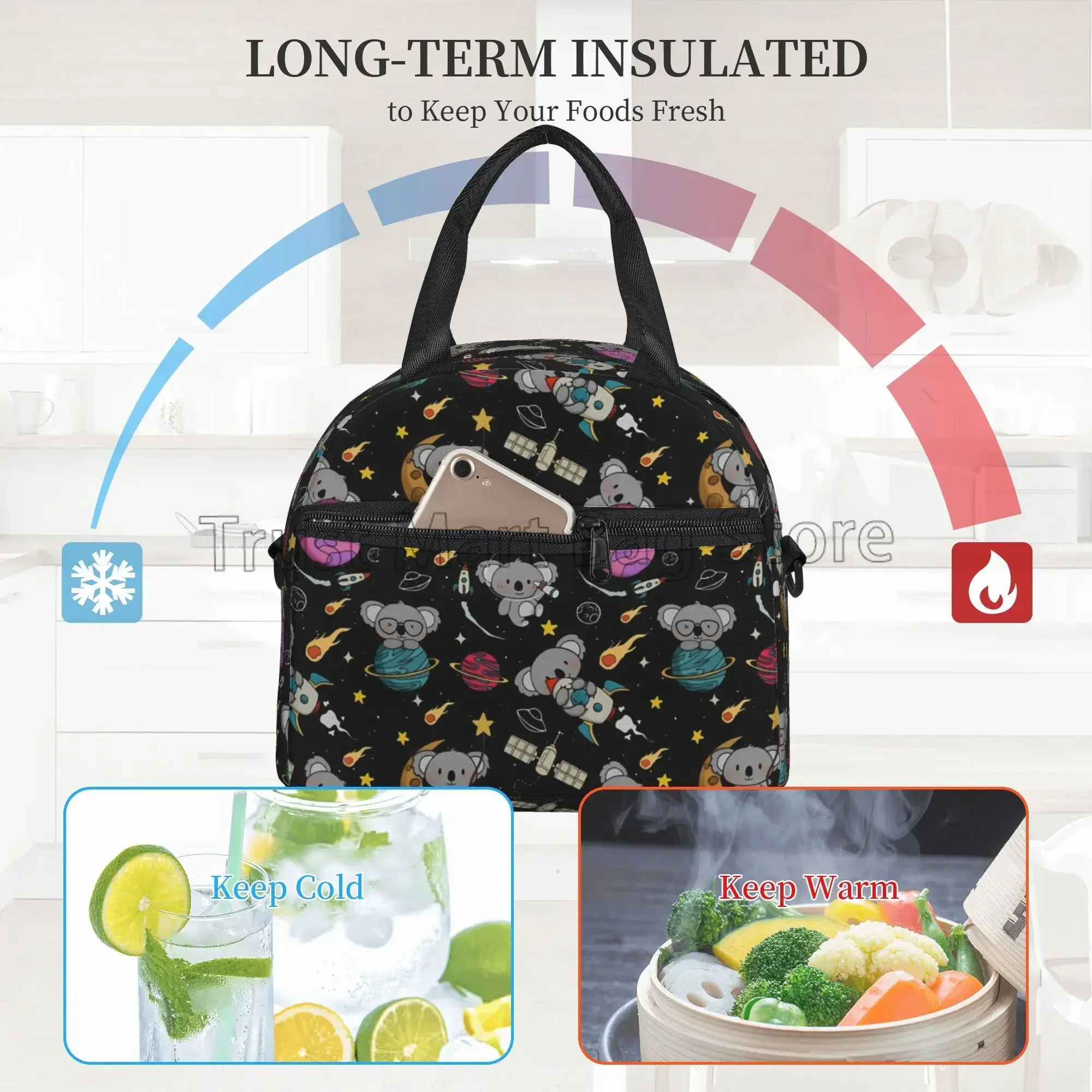 Cute Cartoon Koala Insulated Lunch Bag for Women Girls Resuable Portable Thermal Bento Tote Bags with Adjustable Shoulder Strap