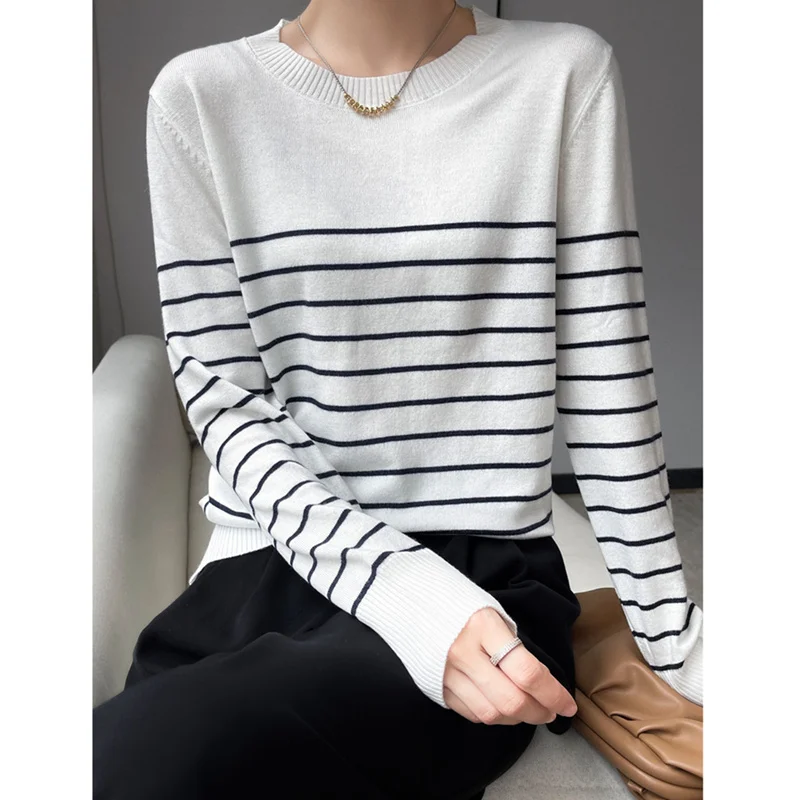 Vintage style striped round neck cashmere sweater women\'s fall/winter loose pullover  with base sweater