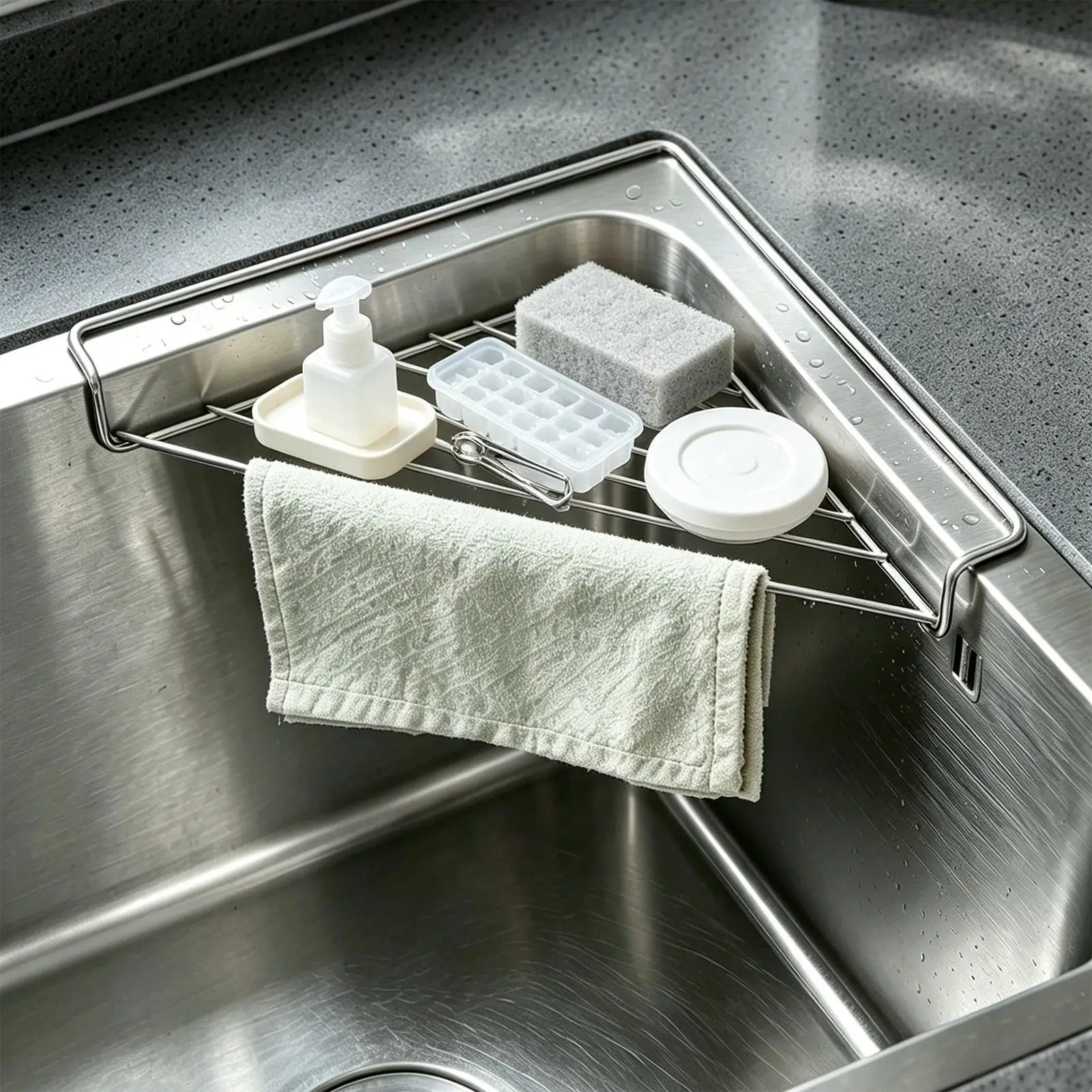 2PCS Triangle Dish Drying Rack Kitchen Sink Organizer Corner Over the Sink Sponge Rag Holder Foldable Stainless Steel Drainer view 2