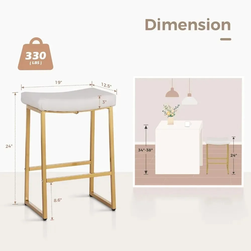 MAISON ARTS White & Gold Bar Stools Set of 2 for Kitchen Counter Backless Counter Height 24 Inches Saddle Stools Modern Gold