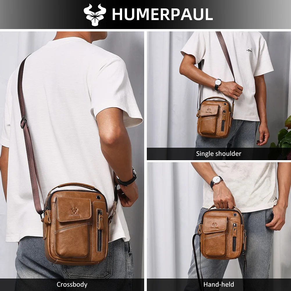 

HUMERPAUL Genuine Leather Men's Messenger Bag Casual Trendy Sling One-Shoulder Daypack with Multi Pockets Crossbody Pack