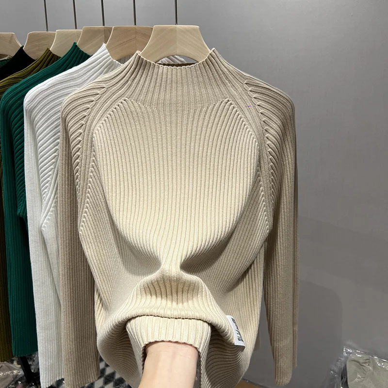 Oversized Vintage Sweater Women Korean Fashion Half-Turtleneck Knitted Pullover All-Match Casual Basic Long Sleeve Knitwear Top