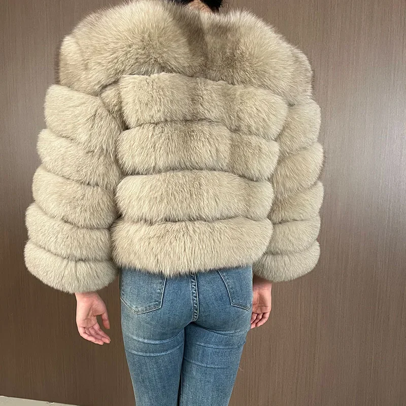 Manteau en fourrure de renard naturel pour femme, manches longues, beige, véritable, chaud, luxe, hiver, veste avec poignées amovibles, vêtements de combinaison en fourrure, 2024