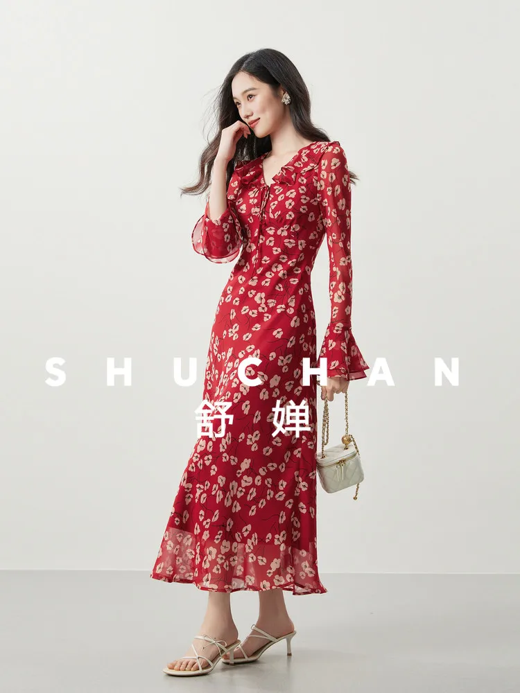 

Французское ретро-платье с цветочным принтом, женское, весеннее, с V-образным вырезом, отделкой в виде листьев лотоса, приталенное, для кофе-брейка, красное, с длинными рукавами, из шифона