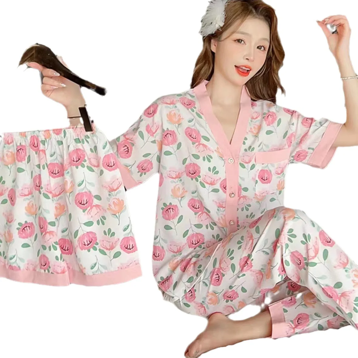 New Women\'s Three-Piece Pajamas Maternity Wale Cotton Pajamas Monthly Clothing Breastfeeding Short-Sleeved Summer Loose Homewear