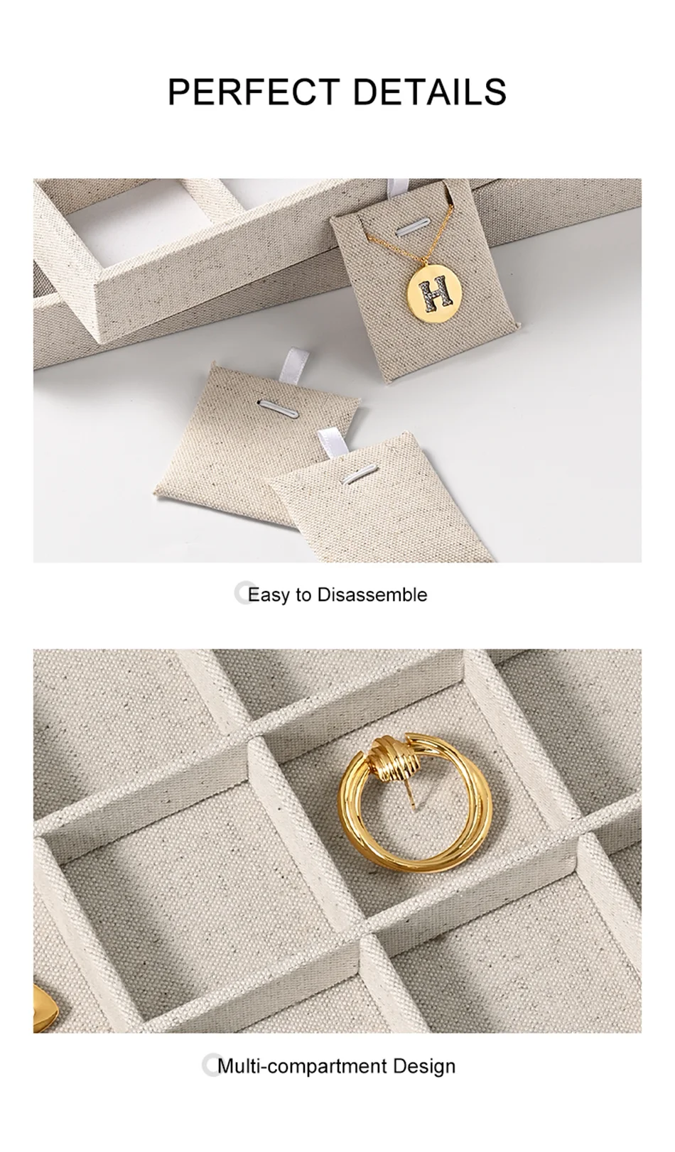 Oirlv Schmuck-Display-Tabletts, stapelbare Schmuck-Organizer-Tabletts, Leinen-Display-Box für Ringe, Ohrringe, Halsketten, Schubladenorganisation – Detail 10